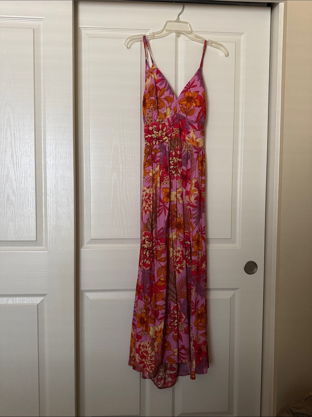 Jessica Simpson Pink Floral Maxi Dress with Orange and Red Accents